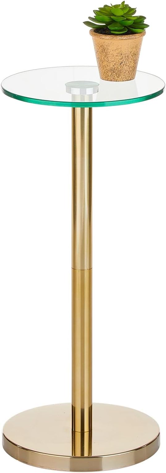 mDesign Glass Top Side/End Drink Table - Small Modern Round Accent Metal Nightstand Furniture for Living Room, Dorm, Home Office, and Bedroom - 9" Round - Clear/Soft Brass