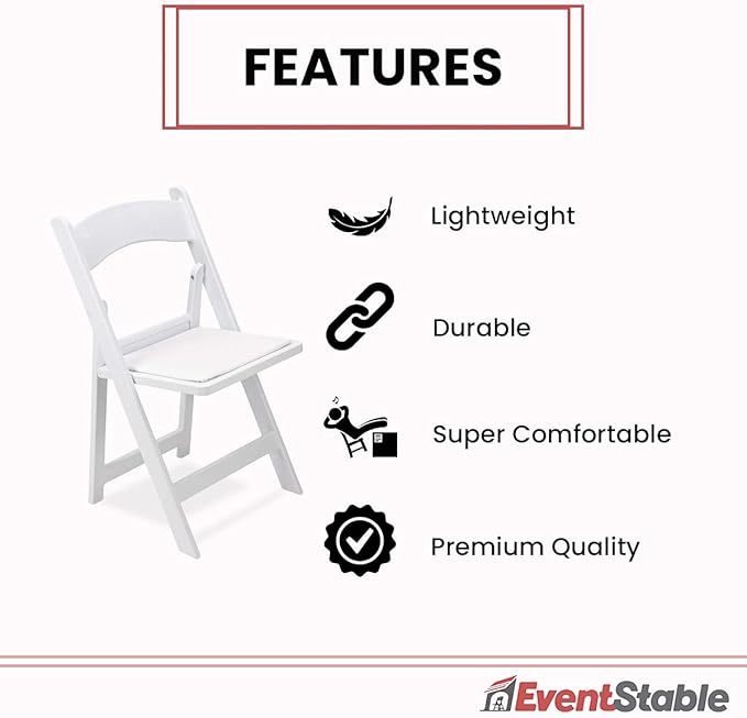 EventStable Titan PRO Resin White Indoor/Outdoor Lightweight Vinyl Padded Folding Chair for Weddings Parties Events - 50 Pack