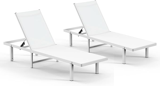 Pool Lounge Chairs Set of 2，Outdoor Lounge Chairs with Wheels and 5-Position Recliner -Easy to Move- Aluminum Patio Lounge Chair for Poolside, Deck (White)