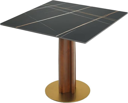 Sintered Stone Square Office Table and Chair Set - Meeting Table for Small Offices (Walnut‌ Leg and Black Top, 1 Table and 2 Chairs)