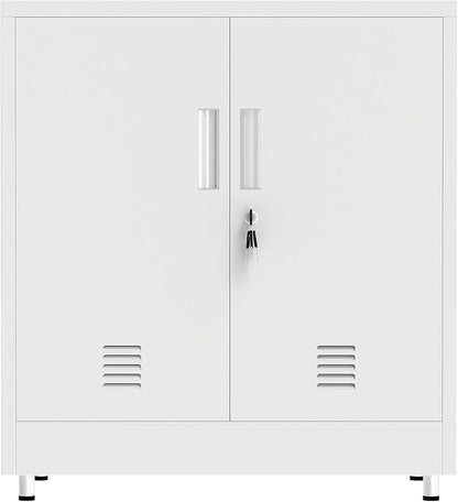 Metal Storage Cabinet with Locking Doors and Adjustable Shelf, Small Lockable Sideboard Buffet Cabinet for Home, Office, Entryway, Hallway, Living Room, Kitchen and Dining Room (White)