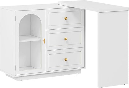 RoyalCraft L Shaped Home Office Desk, Extendable and Rotatable Desk with 3 Drawers and Door, Corner Computer Desk, Modern Study Writing Table for Bedroom, Home Office, White