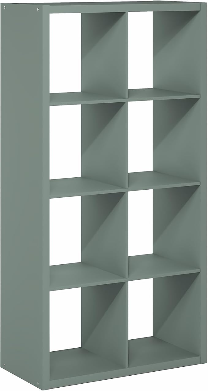 Furinno Cubicle Book Shelf, 8-Cube Thick Frame Bookshelf, Horizontally & Vertically Reversible Bookcase with Open Back, 14.6" x 30" x 57.9", for Living Room, Bedroom, Home Office, Sage Green