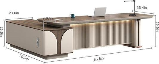 86IN L Shaped Executive Desk - Executive Office Desk with Side Cabinet & Grille Front Baffle & Embedded LED Strip & Mechanical Password Lock & Double-Layer Countertop & Gold Foot Pad