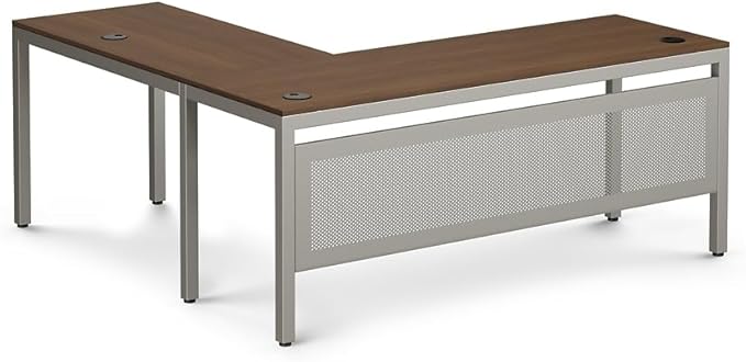 nbf signature series at Work Reversible L Shaped Desk 60" w x 60" d Ergonomic Corner Computer Desk with Warm Ash Laminate/Brushed Nickel Steel Frame for Office Use
