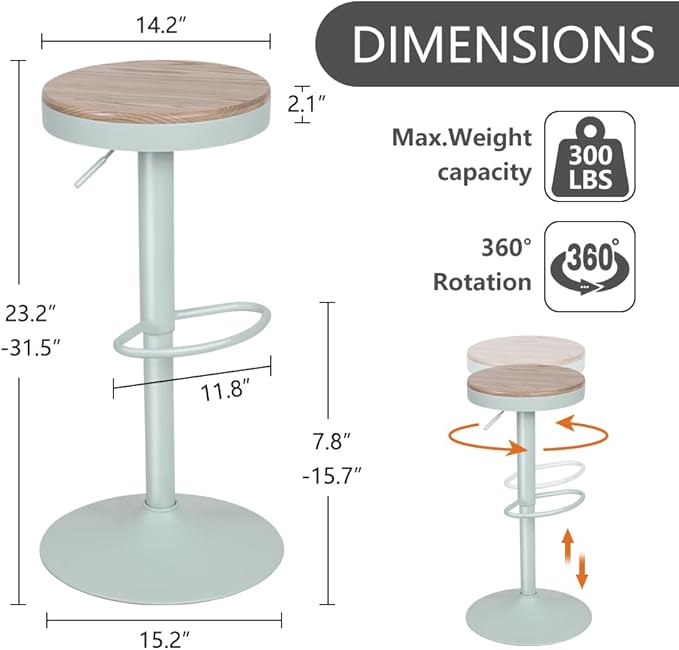 Kidol & Shellder Bar Stools Set of 4 Round Adjustable Swivel Barstools Modern Backless Bar Chairs Wooden Seat Counter Height Stools Armless for Kitchen Island, Cafe, Dining Room (Mint Green)