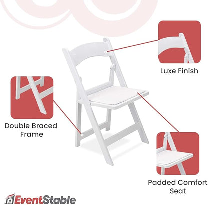 EventStable Titan PRO Resin White Indoor/Outdoor Lightweight Vinyl Padded Folding Chair for Weddings Parties Events - 4 Pack