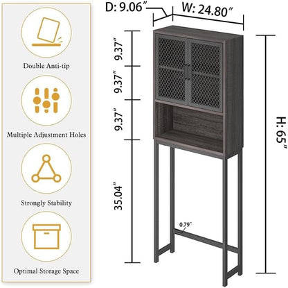 Launica Over The Toilet Storage Cabinet, Industrial Bathroom Organizer Above Toilet, Bathrooms Space Saver Stand with Shelf, Wood and Metal Freestanding Bathrooms Rack Behind The Toilet, Dark Gray Oak