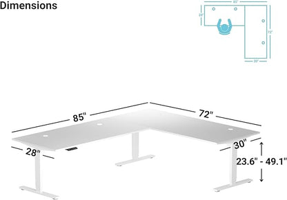 Progressive Desk Stand Up Height Adjustable Standing Desk - L Shaped 85" x 72" Corner Computer Rising Workstation Electric Table - White Frame, Warm White Top