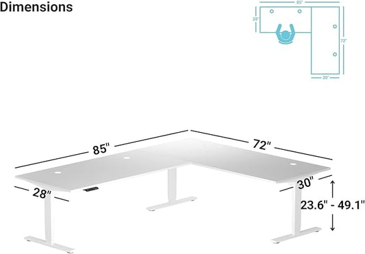 Progressive Desk Stand Up Height Adjustable Standing Desk - L Shaped 85" x 72" Corner Computer Rising Workstation Electric Table - White Frame, Warm White Top