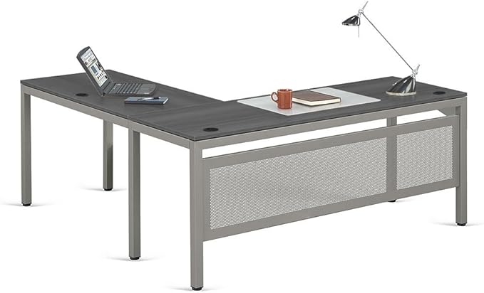 NBF at Work Reversible L Shaped Executive Office Desk - Durable Gray Laminate Computer Desk with Steel Frame - Modern Desk with 3 Grommet Holes - 60" W x 60" D Office Work Desk (Gray)