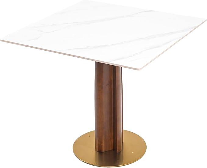 Sintered Stone Square Office Table and Chair Set - Meeting Table for Small Offices (Walnut‌ Leg and White Top, 1 Table and 4 Chairs)