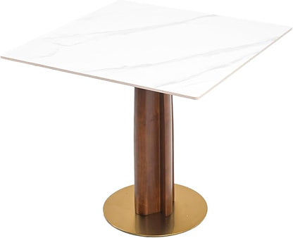 Sintered Stone Square Office Table and Chair Set - Meeting Table for Small Offices (Walnut‌ Leg and White Top, 1 Table and 2 Chairs)