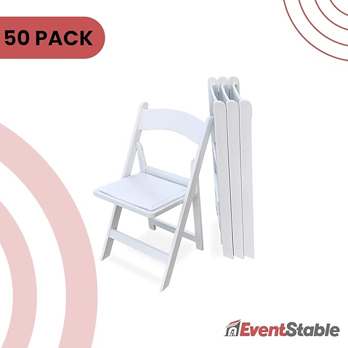 EventStable Titan PRO Resin White Indoor/Outdoor Lightweight Vinyl Padded Folding Chair for Weddings Parties Events - 50 Pack