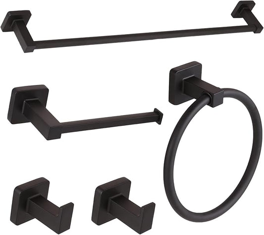 5 Pieces Black Bathroom Hardware Set,Wall Mounted 23.6 inch Towel Bar Set Matte Black,Towel Rack Set,Toilet Paper Holder,Matte Black Bathroom Accessories Set