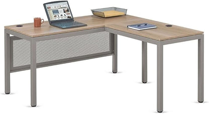 nbf signature series at Work Reversible L Shaped Desk 60" w x 60" d Ergonomic Corner Computer Desk with Warm Ash Laminate/Brushed Nickel Steel Frame for Office Use