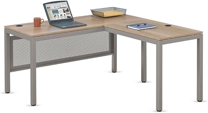 NBF at Work Reversible L Shaped Executive Office Desk - Durable Gray Laminate Computer Desk with Steel Frame - Modern Desk with 3 Grommet Holes - 60" W x 60" D Office Work Desk (Gray)