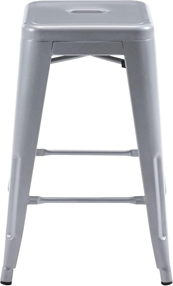 Vogue Furniture Direct 24" High Bar Stools Backless Silver Metal Barstools Indoor-Outdoor Counter Height Stools with Square Seat, Set of 4
