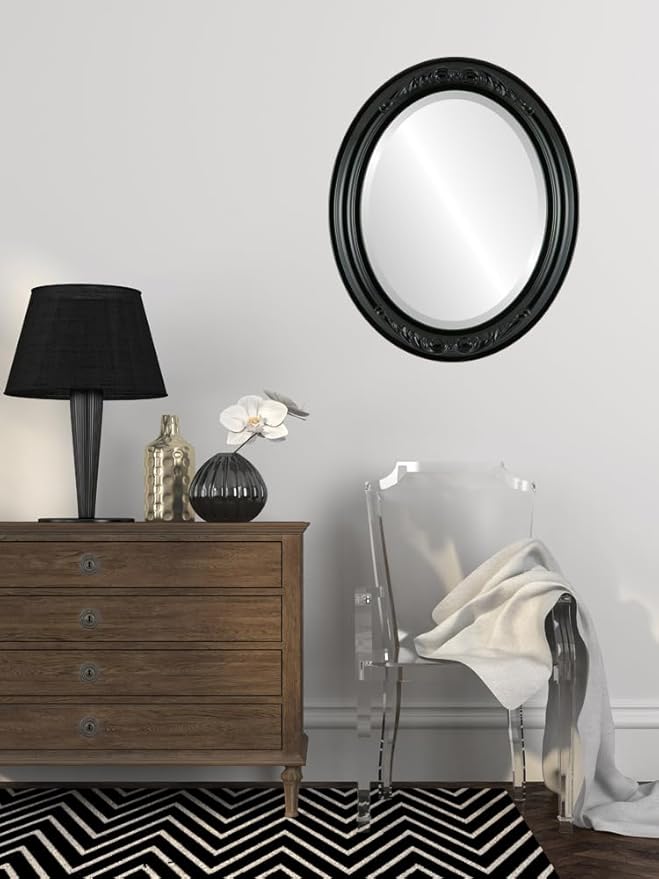 OVALCREST Oval Beveled Wall Mirror for Home Decor - Florence Style - Gloss Black - 28" x 24"