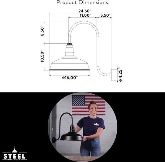 Steel Lighting Co. Gardena Barn Light | Outdoor Wall Mounted | 16" Dome | Upward Sloping Gooseneck | Farmhouse Light Made in America | Navy Blue Exterior/Brass Interior
