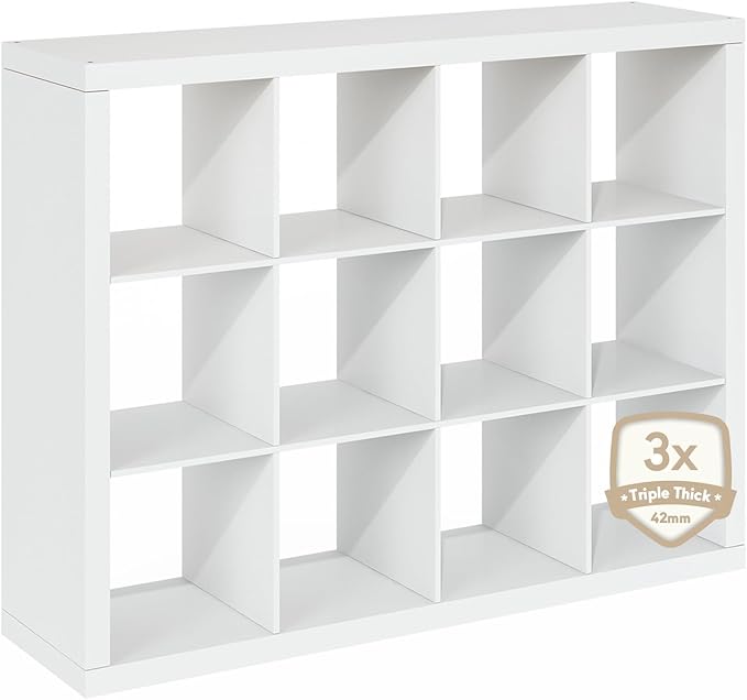 Furinno Cubicle Book Shelf, 12-Cube Bookshelf, Triple Thick Frame Cube Storage Organizer, Bookcase, 15.4 x 57.4 x 43.4, for Home Office, Living Room, Plain White