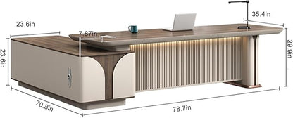 78IN L Shaped Executive Desk - Executive Office Desk with Side Cabinet & Grille Front Baffle & Embedded LED Strip & Mechanical Password Lock & Double-Layer Countertop & Gold Foot Pad