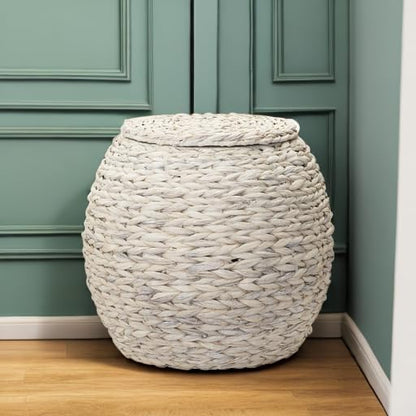 Household Essentials Handwoven Water Hyacinth Barrel Wicker Storage Basket Side Table, Cream Finish