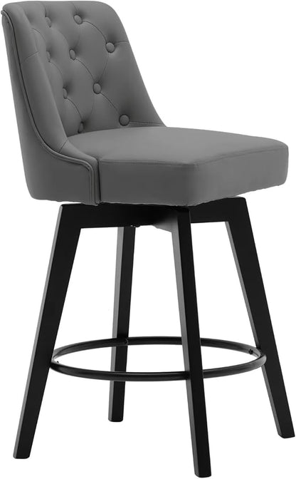 MINCETA Bar Stools Set of 2, PU Leather Barstools, 26 Inch Upholstered Counter Stools with Low Tufted Back and Footrest, Swivel Counter Height Barstools for Kitchen Island Home Bar Dark Gray