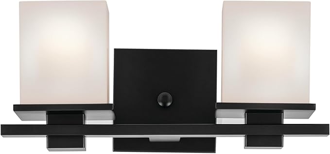 KICHLER Tully 15" 2-Light Vanity Light with Satin Etched Cased Opal Glass in Black for Over a Vanity, Soft Modern Style, (15" x 6.5" x 7"), 45150BK