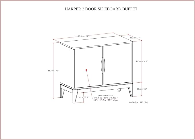SIMPLIHOME Harper Buffet - 38 inch Wide Solid Hardwood 2-Door Sideboard Buffet in Walnut Brown, Mid-Century Modern Cabinet for Dining Room or Kitchen with Adjustable Shelves and Tapered Legs