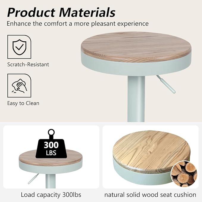 Kidol & Shellder Bar Stools Set of 2 Round Adjustable Swivel Barstools Modern Backless Bar Chairs Wooden Seat Counter Height Stools Armless for Kitchen Island, Cafe, Dining Room (Mint Green)