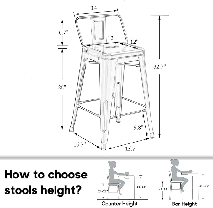 HAOBO Home 26" Low Back Metal Counter Stool Height Bar Stools [Set of 4] for Indoor/Outdoor Barstools, Matte Black