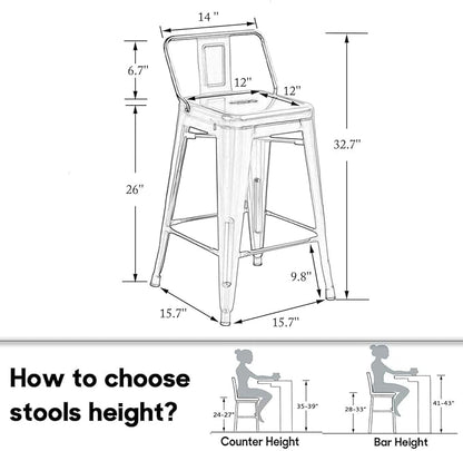 HAOBO Home 26" Low Back Metal Counter Stool Height Bar Stools [Set of 4] for Indoor/Outdoor Barstools, Matte Black