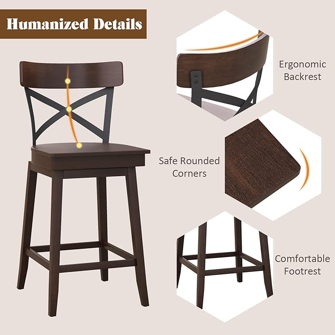 COSTWAY Swivel Bar Stool Set of 4, 24 Inch Ergonomic Counter Height Chairs with Open X Back & Footrest, 4PCS Vintage Wooden Barstools for Kitchen Island, Pub, Bistro, Café, Brown (4, 24 inch)