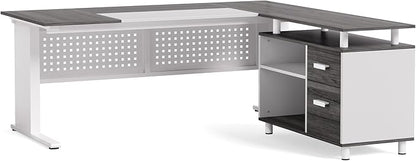 LITTLE TREE Large Computer Desk with File Cabinet, 63-Inch Executive Desk L Shaped Office Desk with Drawers and Storage Shelves, Business Furniture Desk Workstation for Home Office (Grey + White)