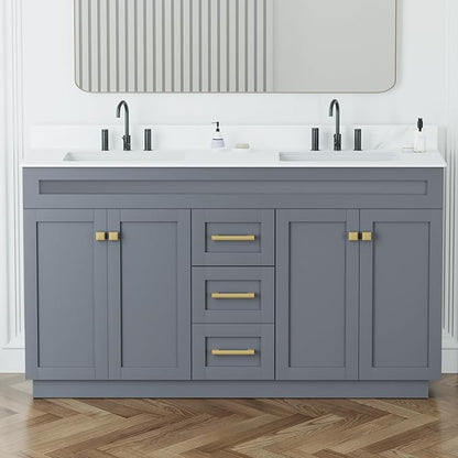 60 Inch Bathroom Vanity with Sink in Grey Painted Surface,Quartz Top with Undermount Ceramic Sink, Solid Wood Storage Cabinet,2 Soft Closing Doors, 6 Full Extension Drawers