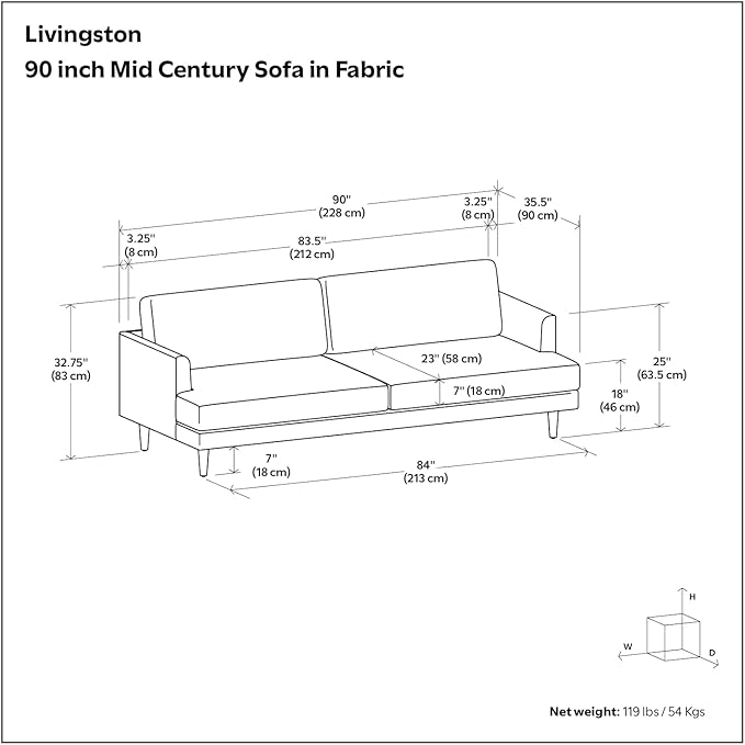 SIMPLIHOME Livingston 90-inch Wide Sofa in Mist Grey Woven-Blend Fabric, Handcrafted Mid-Century Modern Oversized 3-Seater Couch Sofa for Living Room or Family Room, Solid Wood Frame