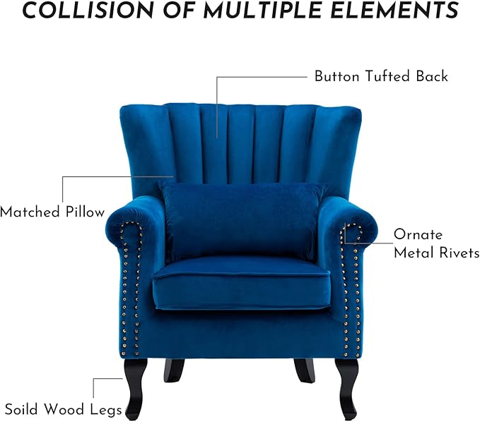 Accent Reading Arm Chairs Set of 2 Midcentury Modern Comfy Corner Sofa Chair, Wingback Waiting Room Club Chair with Tufted Back for Living Room/Bedroom/Reception Room, Velvet Blue