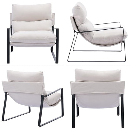 LukeAlon Modern Linen Accent Armchairs Set of 2, Upholstered Soft Living Room Chairs with Metal Base Removable Thickened Cushion Sofa Chairs Comfy Lounge Chair for Bedroom Living Room, White