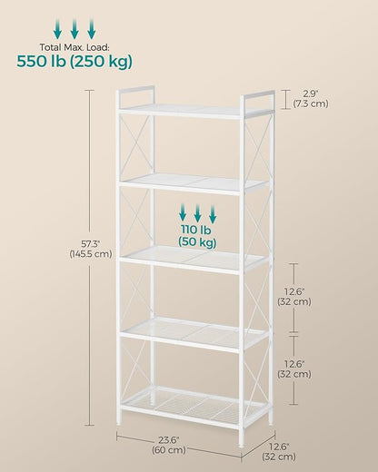 SONGMICS 5-Tier Metal Storage Rack, Shelving Unit with X Side Frames, Dense Mesh, 12.6 x 23.6 x 57.3 Inches, for Entryway, Kitchen, Living Room, Bathroom, Industrial Style, Cloud White UBSC165W01