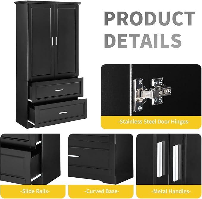Polibi Tall Storage Cabinet with 2 Drawers, 3-Tier Adjustable Shelves & 2 Doors, Floor Free-Standing Cabinet for Bathroom, Living Room, Black, 63.2" H*32" W