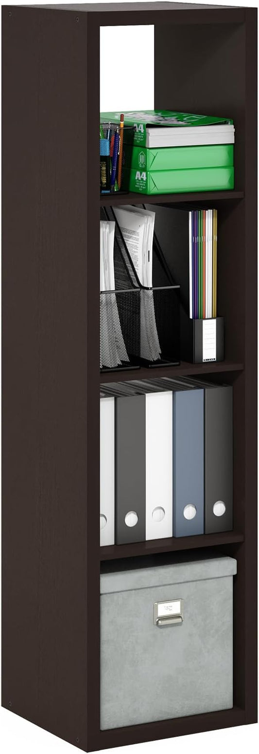 Furinno CUBICLE Book Shelf, 4-Cube Vertical Thick Frame Bookshelf, Horizontally & Vertically Reversible Bookcase with Open Back, 14.6 x 15.9 x 58, for Living Room, Bedroom, Home Office, Black Dark Oak