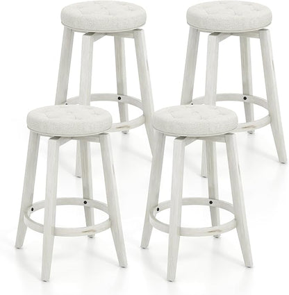COSTWAY 360° Swivel Bar Stools Set of 4, 26-inch Height Vintage Upholstered Rubberwood Backless Bar Chairs with Footrest, Retro Kitchen Counter Stools for Kitchen Island Dining Room Home Bar, White