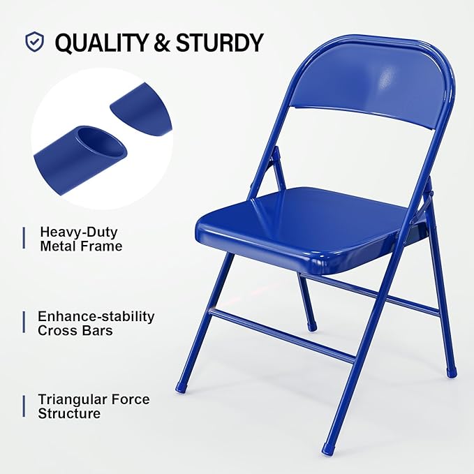 VINGLI Folding Chairs All Steel Metal Frame, Capacity 350 lbs, Durable Portable and Versatile for Indoor Outdoor Use, Navy Blue, Set of 8