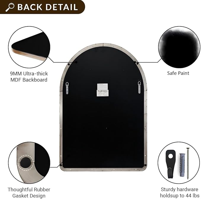 ANDY STAR 30 x 40 Inch Arched Mirror, Brushed Nickle Bathroom Mirror in Stainless Steel Metal Frame, Arch Top Rounded Corner 1 Inch Deep Set Design Wall Mount Hangs Vertical