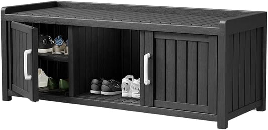 Storage Bench - Waterproof Resin Shoe Bench with Adjustable Shelves - Indoor & Outdoor Use, 2 Doors Entryway Bench with Hidden Storage Space - Storage Cabinet for Bedroom, Hallway, Black