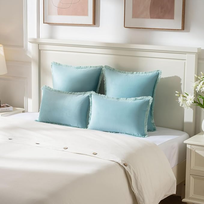 FUTEI Aqua Velvet Decorative Throw Pillow Covers 16x16 Set of 2,Soft Cozy Edge with Tassels Cushion Case,Boho Modern Home Decor for Couch Bed Living Room