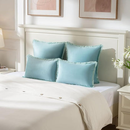 FUTEI Aqua Velvet Decorative Throw Pillow Covers 16x16 Set of 2,Soft Cozy Edge with Tassels Cushion Case,Boho Modern Home Decor for Couch Bed Living Room