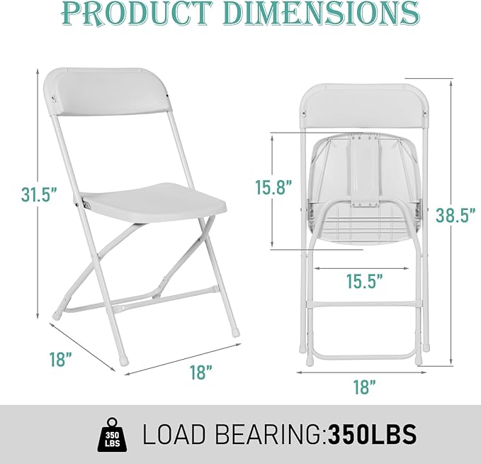 90 Pack Plastic White Folding Chairs, Portable Stackable Commercial Party Folding Chairs with Steel Frame 350lbs for Home Office Outdoor Indoor Office Wedding Party Event