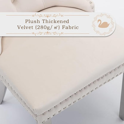 Velvet Upholstered Dining Chairs Set of 4, Modern Style Kitchen Side Chairs with Nailhead Trim and Silver Plated Leg, Metal Pulling Ring for Dining Room Living Room((Creamy White,Set of 4)